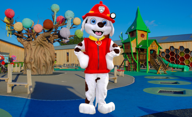 Paw Patrol's Marshall stood in Daisy's Garden at The Ice Cream Farm